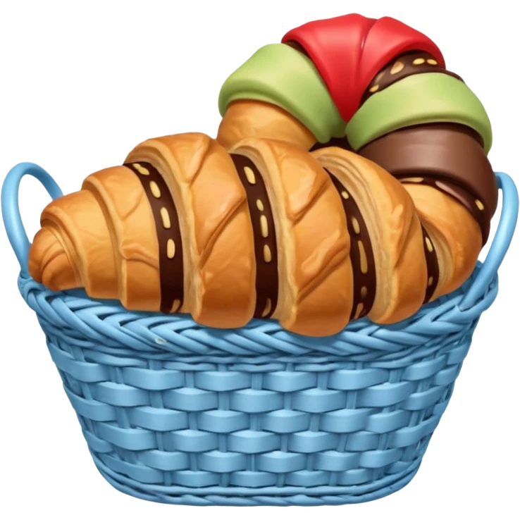Croissant with poured chocolate in a pale blue wicker basket emoji