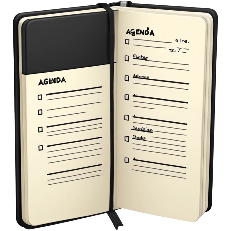 A professional-looking black Moleskine notebook opened flat showing a page with 'AGENDA' written at the top and a neat list of bullet points for meeting items emoji
