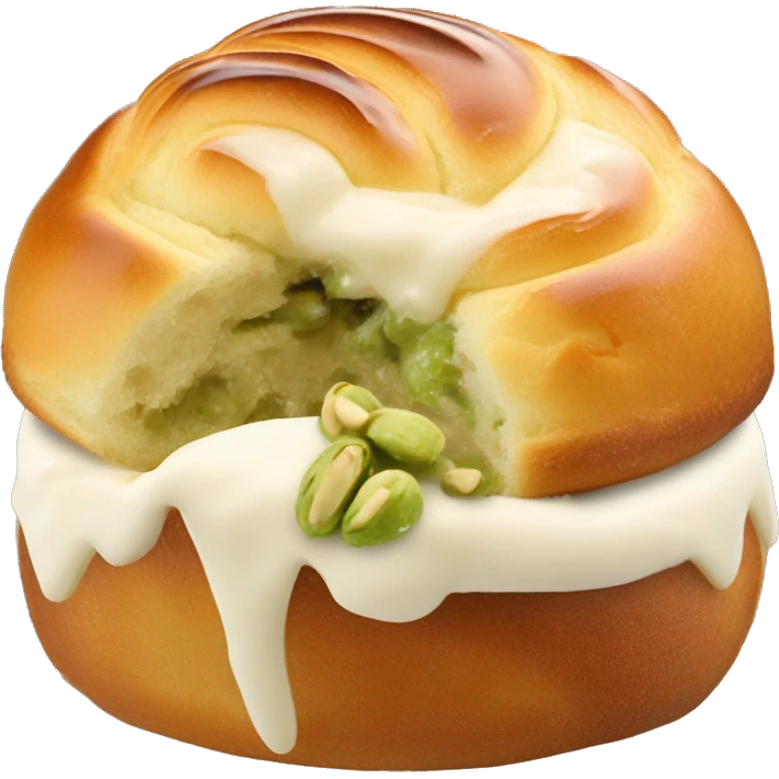 Petite Boule de brioche en forme de dôme coupée en deux au milieux avec crème fouettée blanche au centre recouvert d’éclat de pistache  emoji