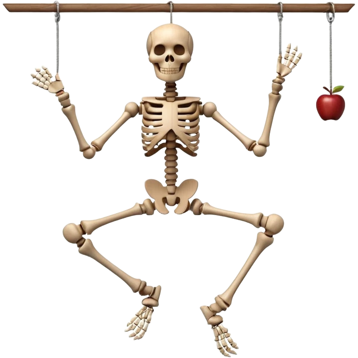 3D render of Skeleton Marionette as a wooden marionette puppet, Wooden bones, hanging loose, silver metal screw joints at elbows and knees, polished brown wood texture, rigid toy pose, Apple emoji style, isolated on white background --v 6.0. emoji