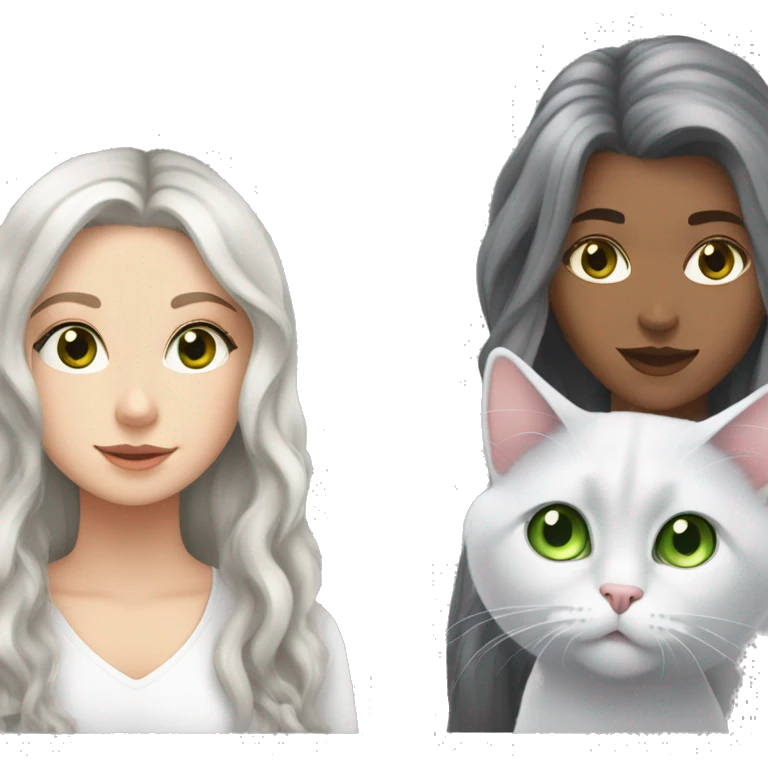 white girl with silver long hair and brown eyes, with a gray fluffy cat with green eyes emoji