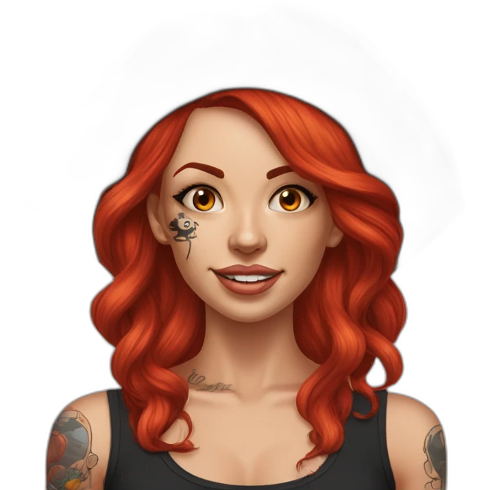 Woman long red hair on one side, tattoo on side of head. other side of head is shaved. Tattoo under shaved hair. pirate hat, skull and crossbones t shirt emoji