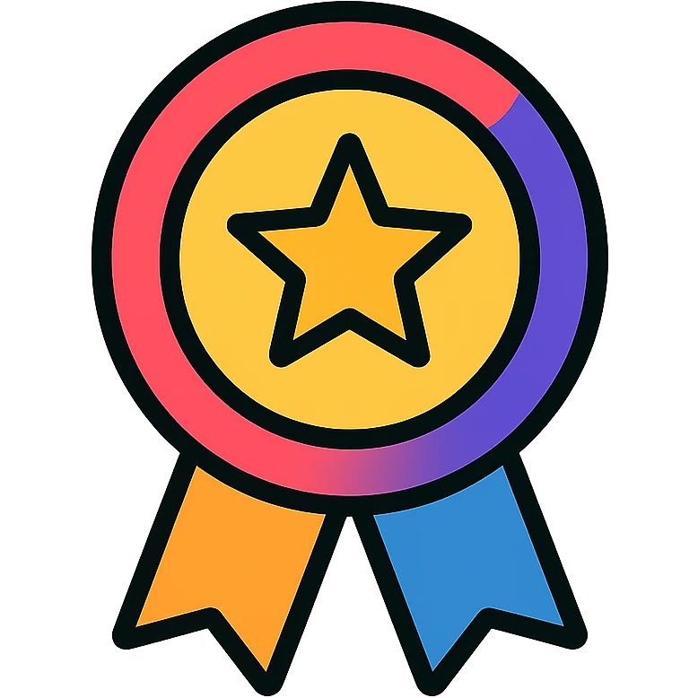 vector icon of a gold master choice badge with colorful elements, elegant minimalist flat design, award badge style, 2D flat vector, trending icon look, soft shadows, no text, isolated on white background, commercial use emoji