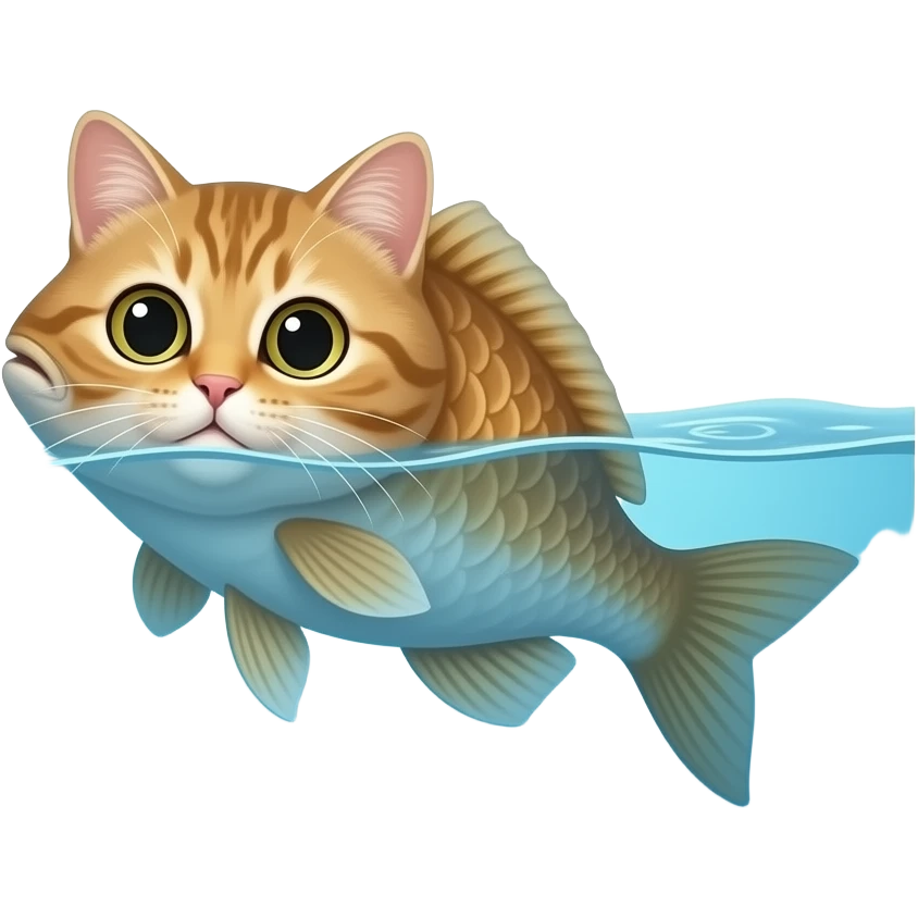 A humorous, exaggerated literal interpretation of “Catfish”. 
A fish with cat features like whiskers and ears swimming in water. 
Cartoonish, playful, colorful, 3D illustration, funny concept. 
Clean background, center composition, no text, no watermark. emoji