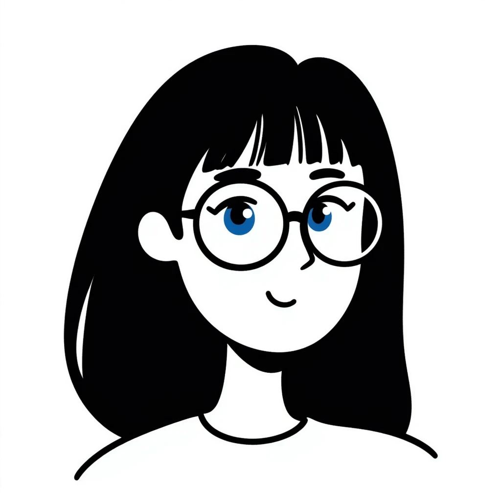 teenage girl with long dark brown hair, bangs, blue eyes, round glasses with thin black frames emoji