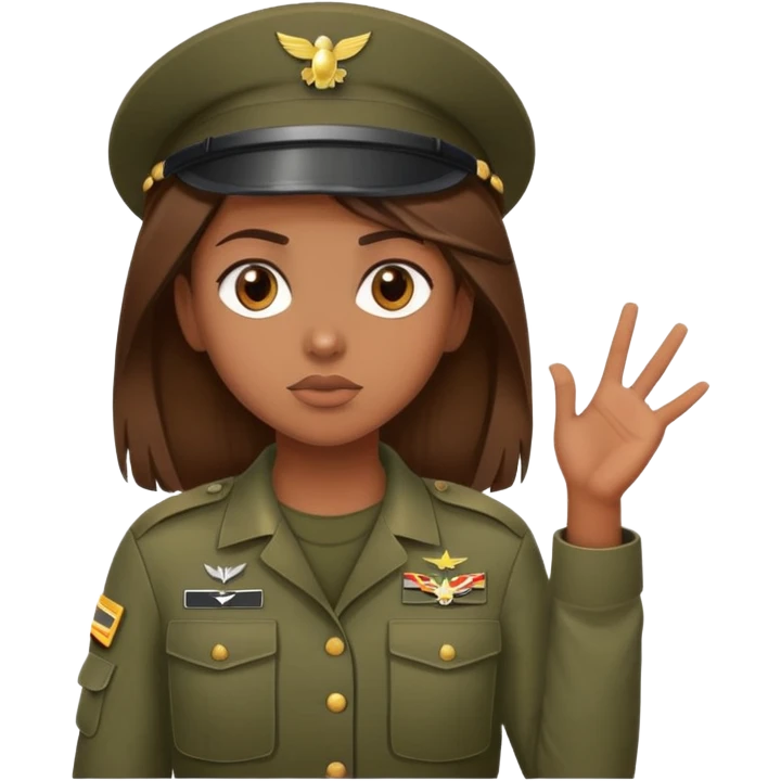 brown-skinned girl in army attire with brown hair, shrugging emoji