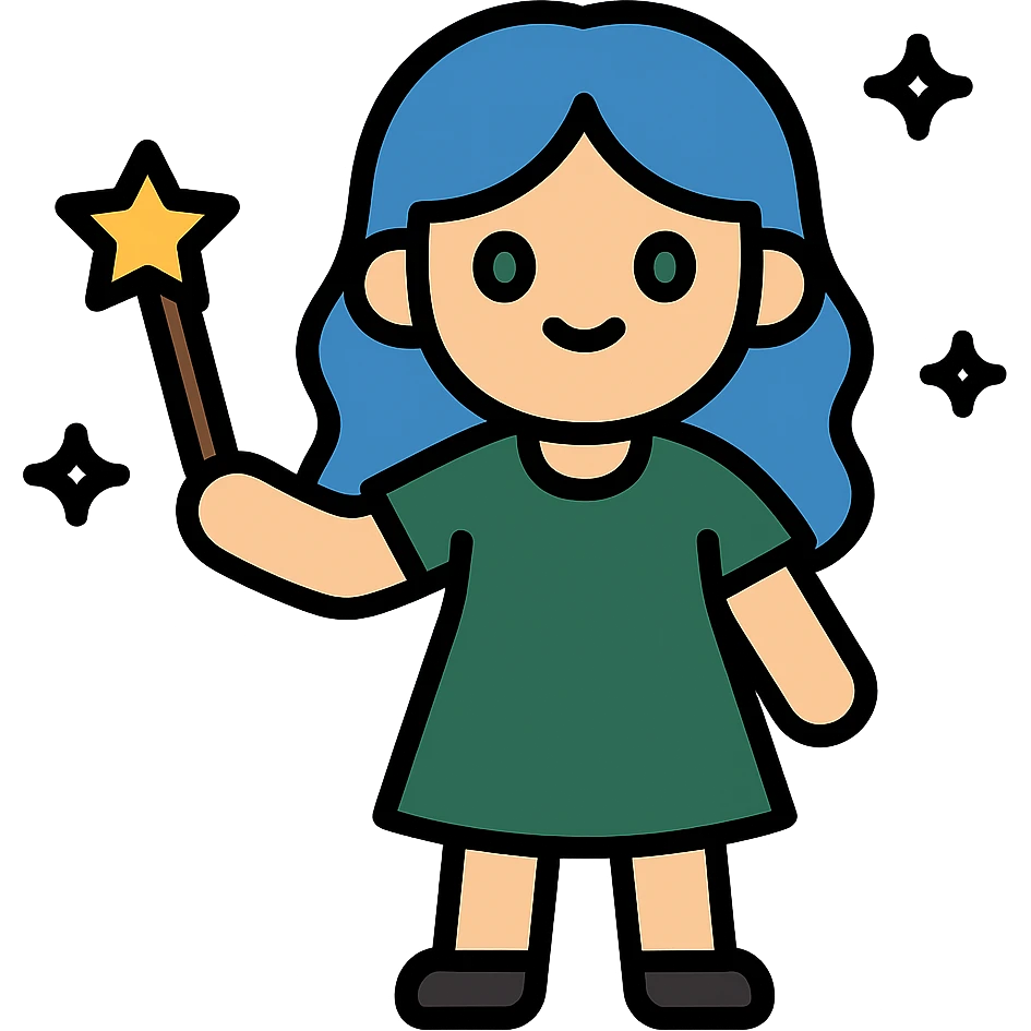 full body of beautiful girl with blue hair and green eyes, holding a magic wand, wearing dark green dress, icon style emoji