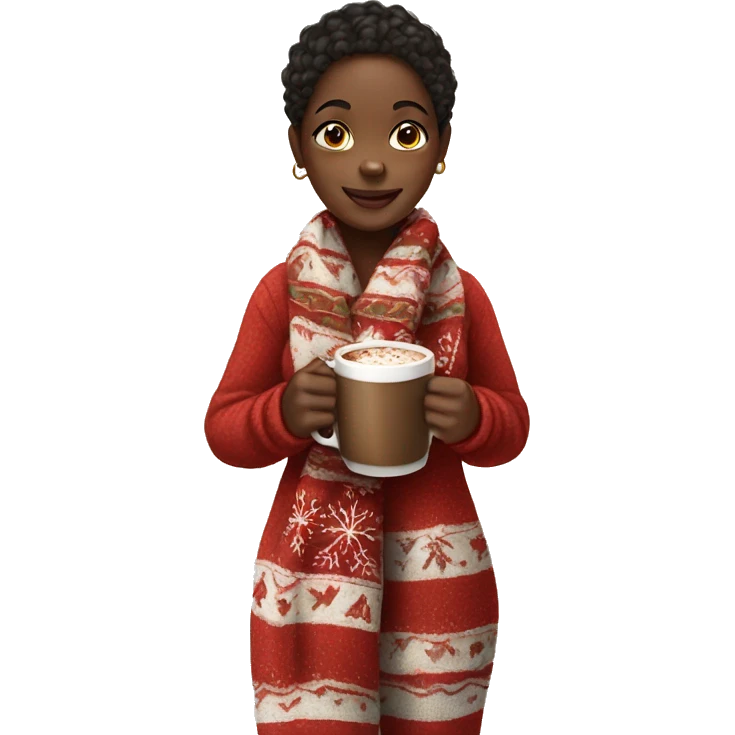 Black girl with Christmas scarf and pajamas holding hot chocolate  emoji