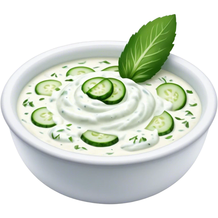 Cinematic Realistic Tzatziki Dish Emoji, featuring a creamy, tangy yogurt sauce with cucumber and herbs rendered with soft textures and cool, refreshing lighting. emoji