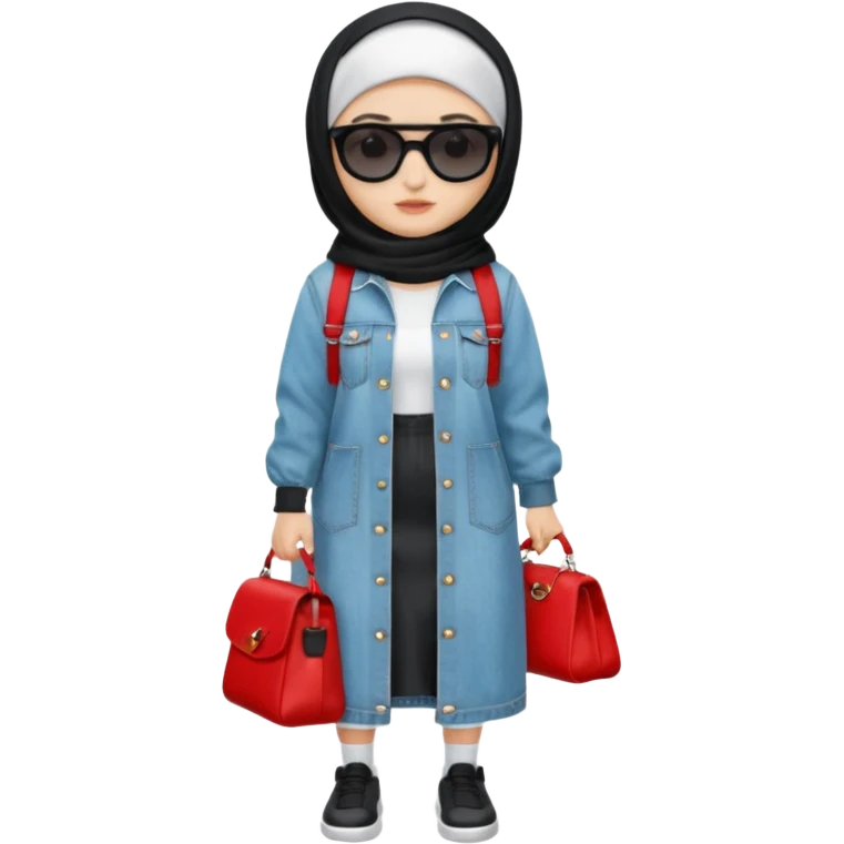 female memoji character, iPhone style, wearing black hijab, white long dress, oversized light blue denim jacket, white socks, black shoes with red detail, black shoulder bag, sunglasses on head, cute expression, no background, transparent PNG emoji