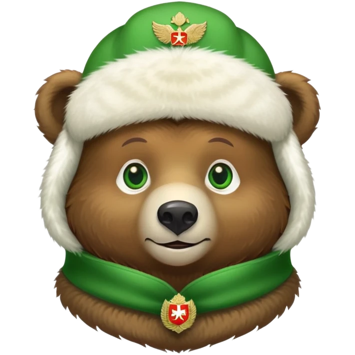 Endearing brown bear with bright green eyes, white fur ushanka hat with detailed Russian Federation emblem prominently displayed on front, iOS emoji style emoji