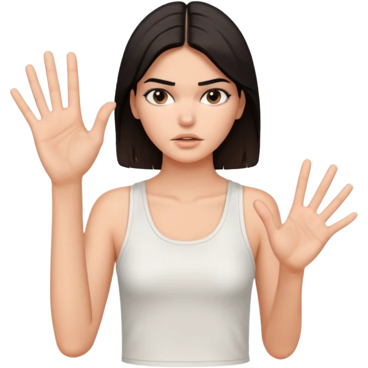 kendall jenner looking anoyed and showing one palm which is small signalising stop emoji