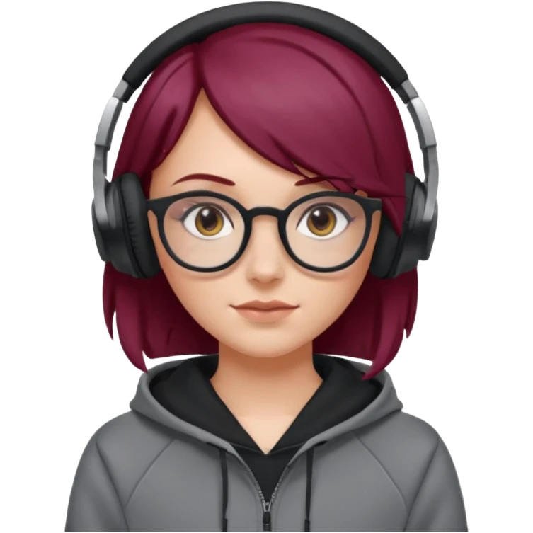 white girl with burgundy hair, gray glasses, black deportive hoodie and black headphones emoji