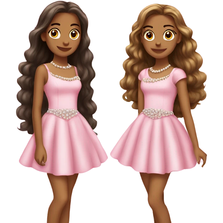 two teenage Latina twins. pink. Long hair. Pink bows. Pearls. Light pink. Diamonds dress. emoji