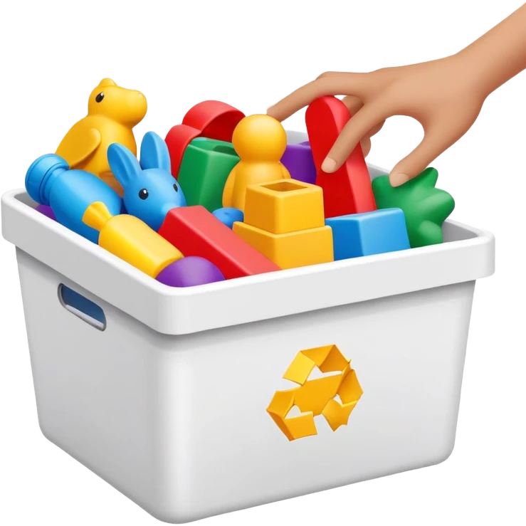 hands placing colorful toys into a storage bin, simple and friendly emoji