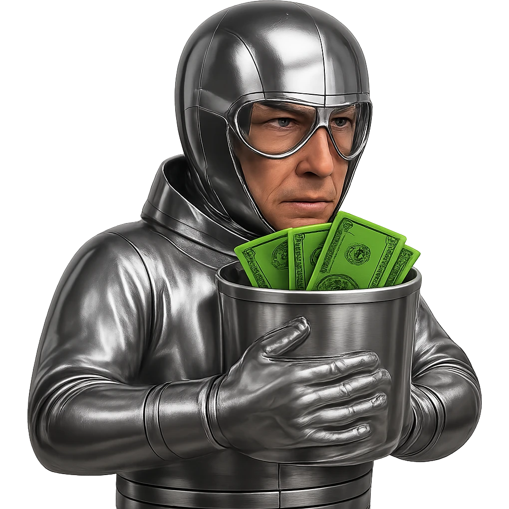 Make the character's goggles chrome to match the suit and helmet. Keep the skin color and face natural, the suit and bucket chrome, and the dollar bills realistic. The background should remain transparent. emoji