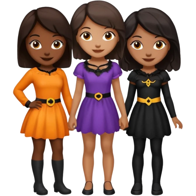 Three best girlfriends cute Halloween outfits with dark brown hair. One African-American, one Asian, one light skinned Caucasian. emoji