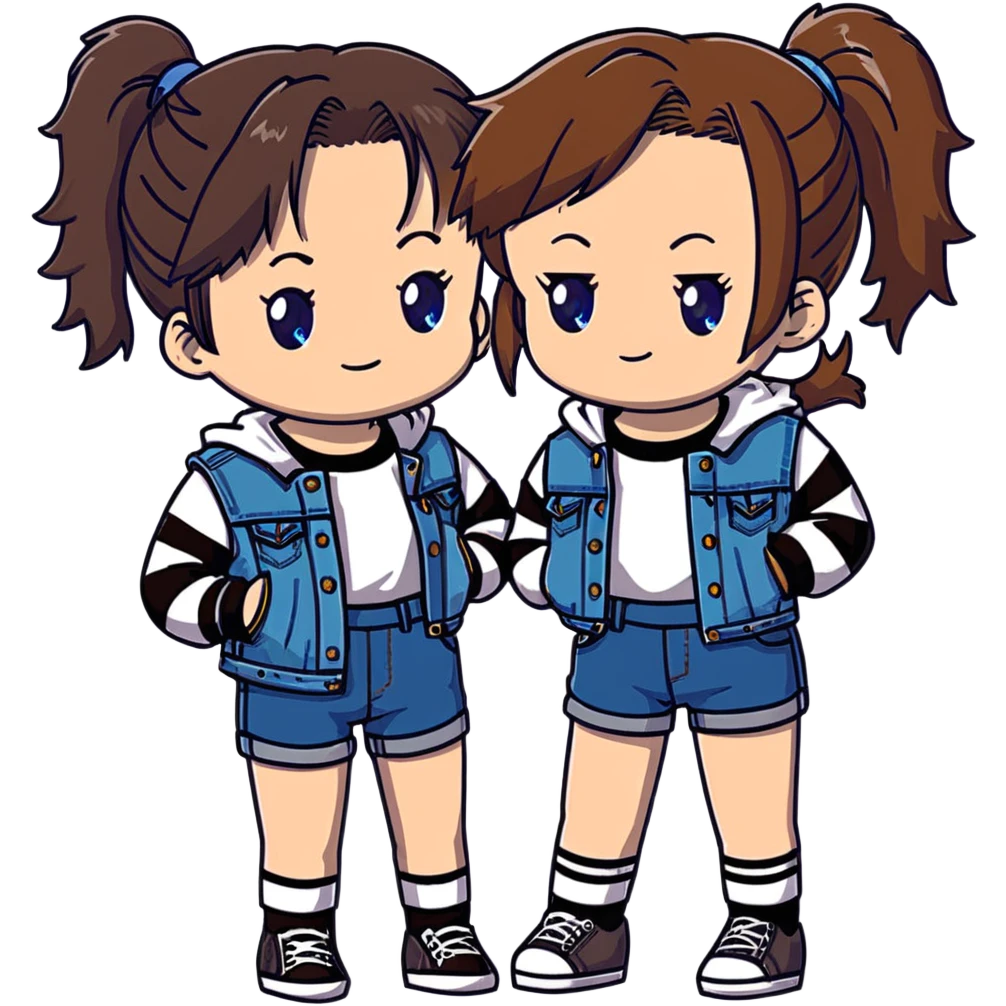 Two anime girls who are best friends, both with brown shoulder length hair. First girl has blue-green eyes, wearing black and white striped t-shirt, denim jacket, and denim shorts. Second girl has brown eyes, wearing denim overalls, with hair in a ponytail secured by a claw clip. emoji