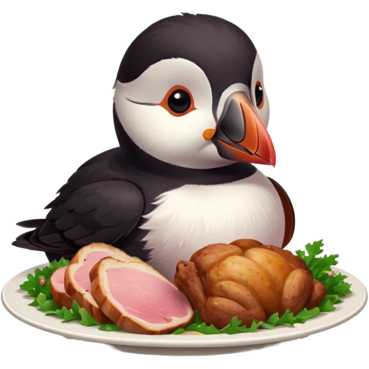 pink puffin that is pink-colored eating roast dinner emoji