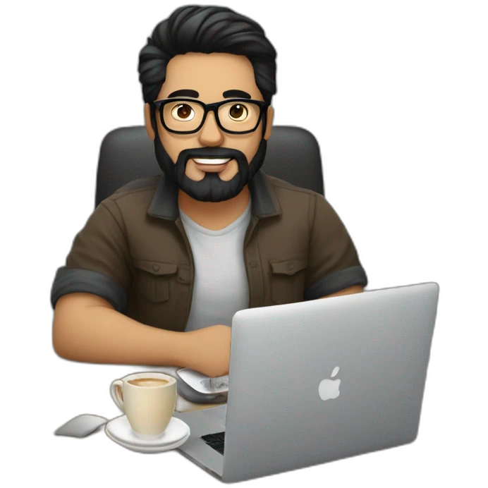 Designer with black hair, beard and glasses working with MacBook and drinking cappuccino  emoji