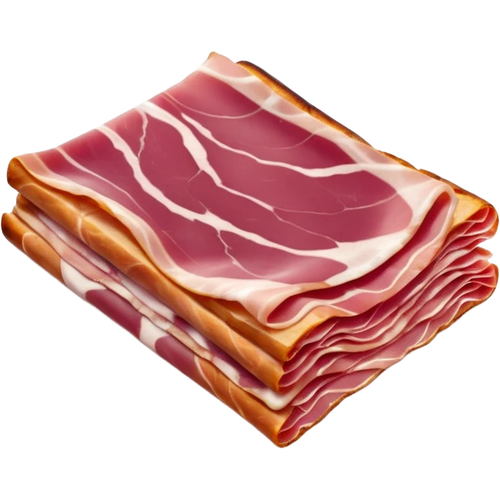 two or three thin folded slices of cured ham with deep pink to reddish hues and delicate marbling of white fat, smooth slightly translucent texture, soft curls at edges, tender air-dried look, apple emoji style, soft lighting, subtle shadows, emoji scale emoji