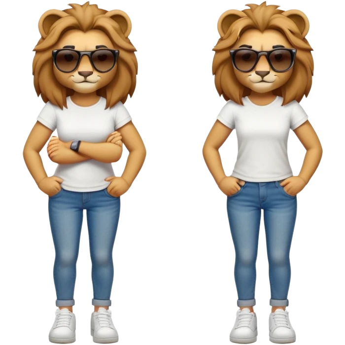 friendly anthropomorphised female lion character, full body, standing confidently with legs shoulder width apart and arms folded, wearing jeans, a white t-shirt, dark sunglasses, and trainers, with a determined expression emoji