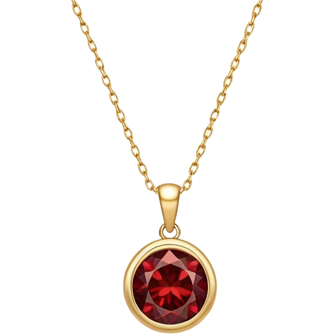 red garnet pendant with a shimmering aura of magic and strength, on a gold chain emoji