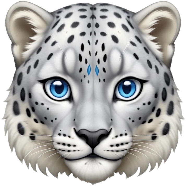 Cinematic-Noble-Snow-Leopard-Portrait-Emoji – Poised and majestic, with a muscular, agile build and a beautifully patterned coat of soft white and grey fur, marked with striking, deep-set, intelligent icy blue eyes, simplified yet sharp and sophisticated zoomed out showing the shoulders emoji