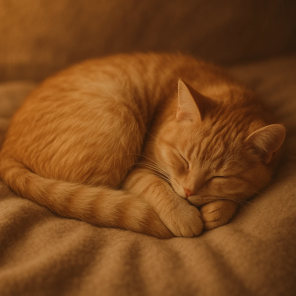 a cozy cat, soft and curled up, warm and inviting style emoji