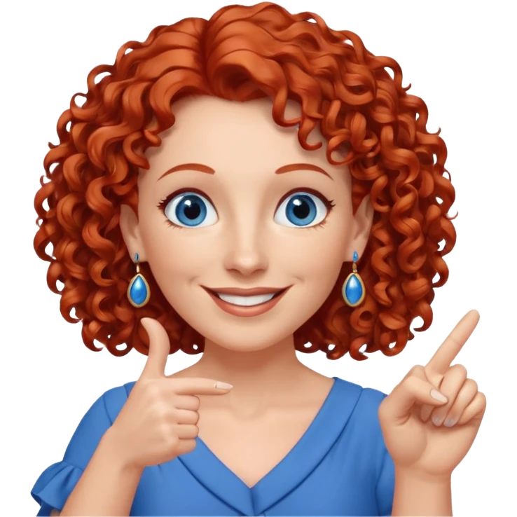 una profesora mayor simpática con el pelo rojo rizado, ojos azules, vestido azul y pendientes azules hablando sonriendo feliz indicando con un dedo emoji