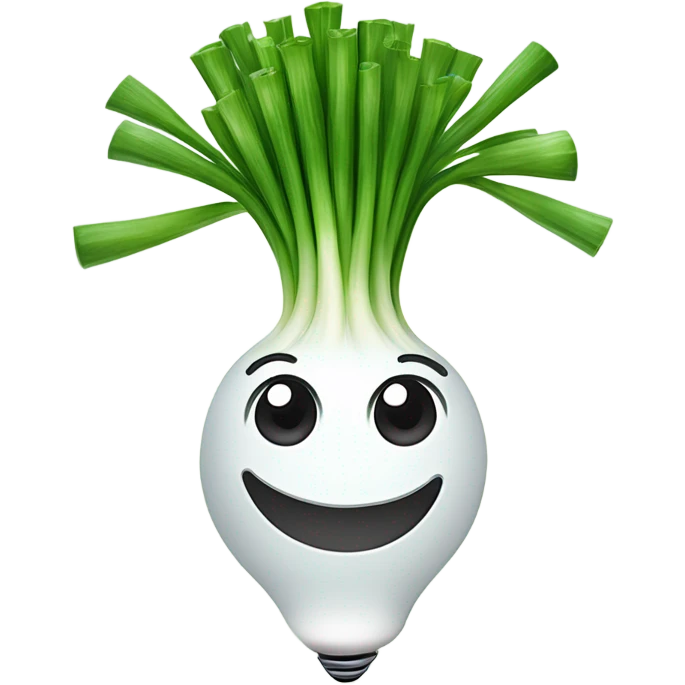Smiling green onion with a bundle of long, thin green stalks as hair, big expressive eyes, and a cheerful cartoonish face on the white bulb section. Vibrant and playful design. emoji