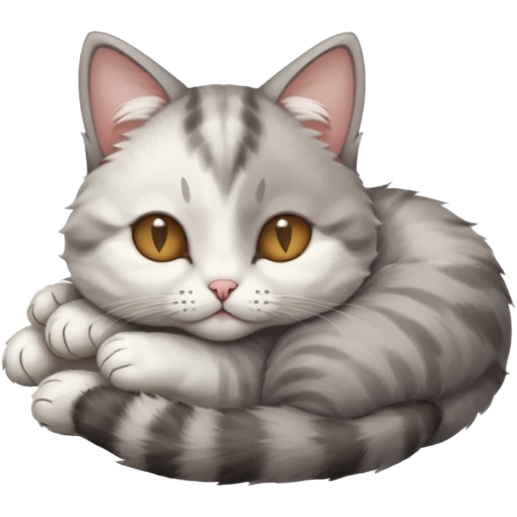 grey and white small cat with eyes closed lying down upside down with its head resting own paw emoji