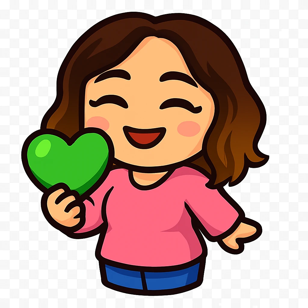 Sticker style chibi emote, matching the attached green heart emote as a base. Woman from reference, pink blouse and jeans, laughing with eyes closed, cute happy face, no headband, no wand, transparent background. emoji