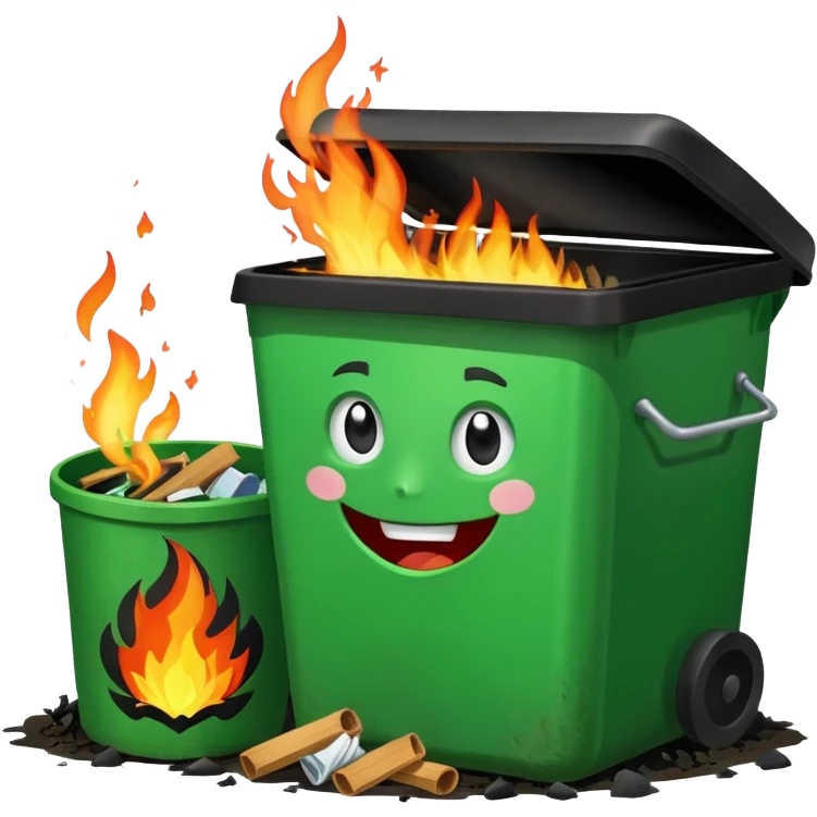 Bright green happy dumpster with an open black lid and a large fire burning only inside it. there is litter and trash on the ground around it not burning emoji
