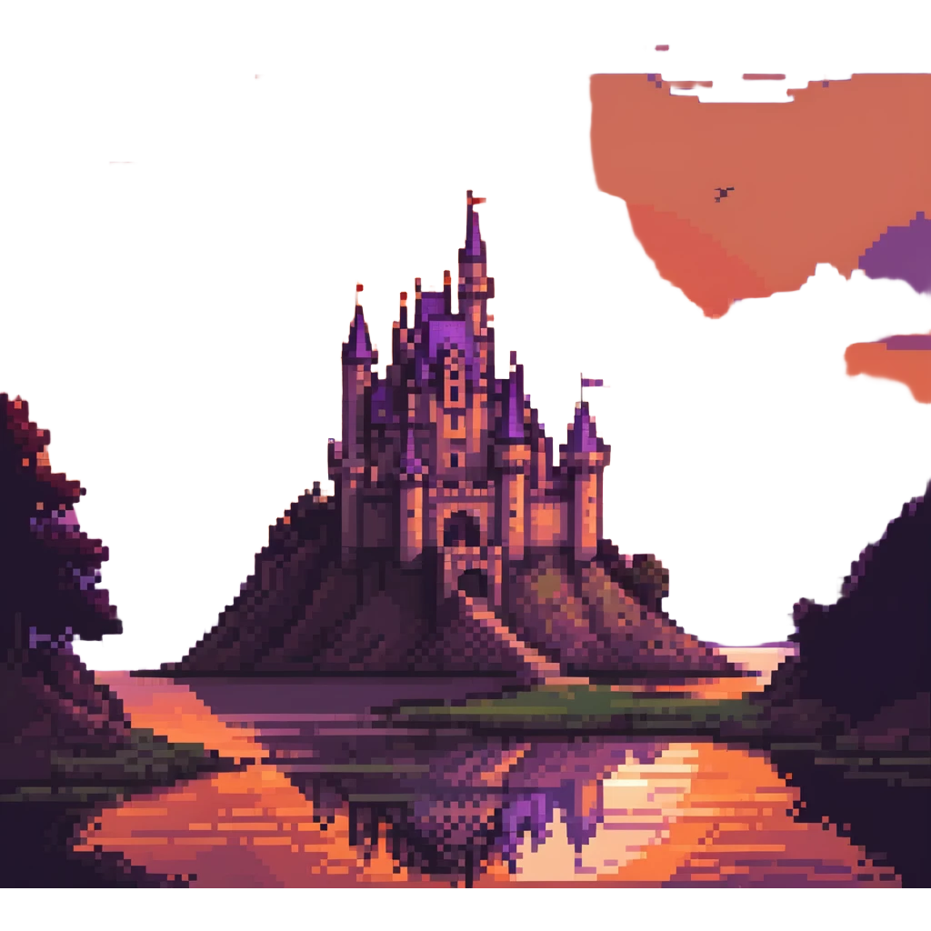 castle at sunset with warm orange and purple sky, dramatic lighting, no characters emoji