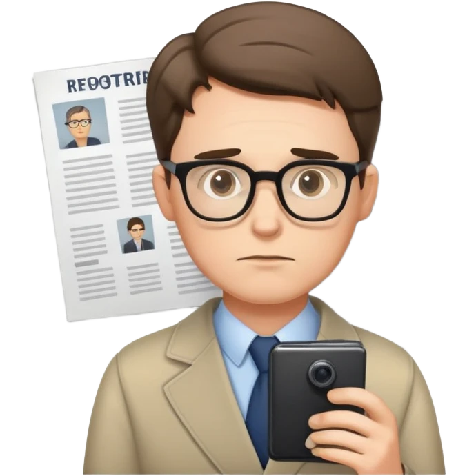 white male reporter looking at photographs, wearing glasses, thoughtful expression emoji
