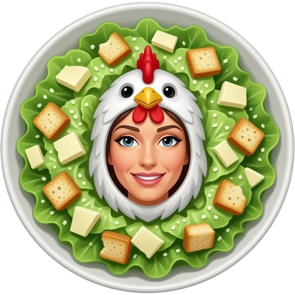 woman dressed as a chicken caesar salad emoji