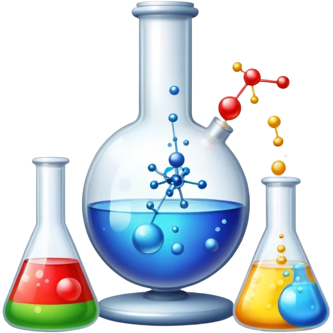 An icon featuring a chemical flask, bubbling with liquid, and an atomic structure, symbolizing chemistry. The design includes molecules, a periodic table, and laboratory equipment, representing the study of chemical reactions and elements. Transparent background highlights scientific research. emoji
