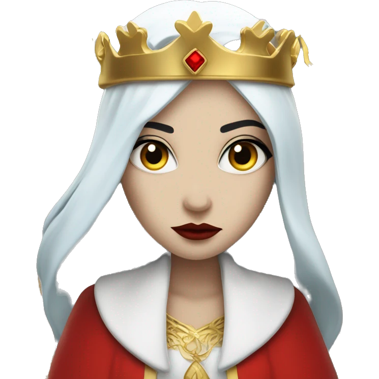 Queen with pale white skin, evil stare, icy blue eyes, bright red lips, long black hair, gold crown, and white robes. emoji
