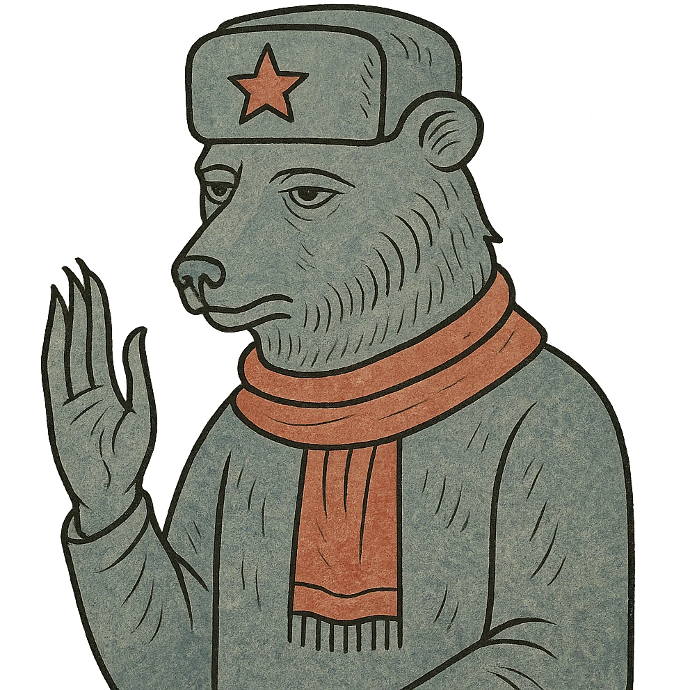 Soviet bear mascot, cartoonish, wearing ushanka hat and red scarf emoji