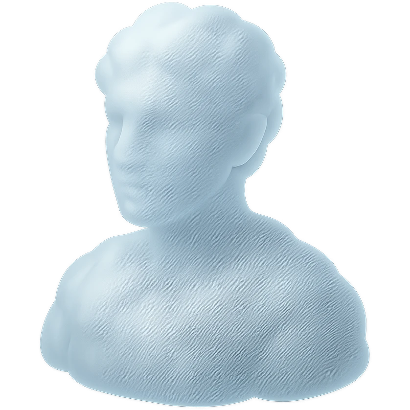 person looking straight, fully made of white fluffy convex clouds, shoulder up, matte glass style emoji