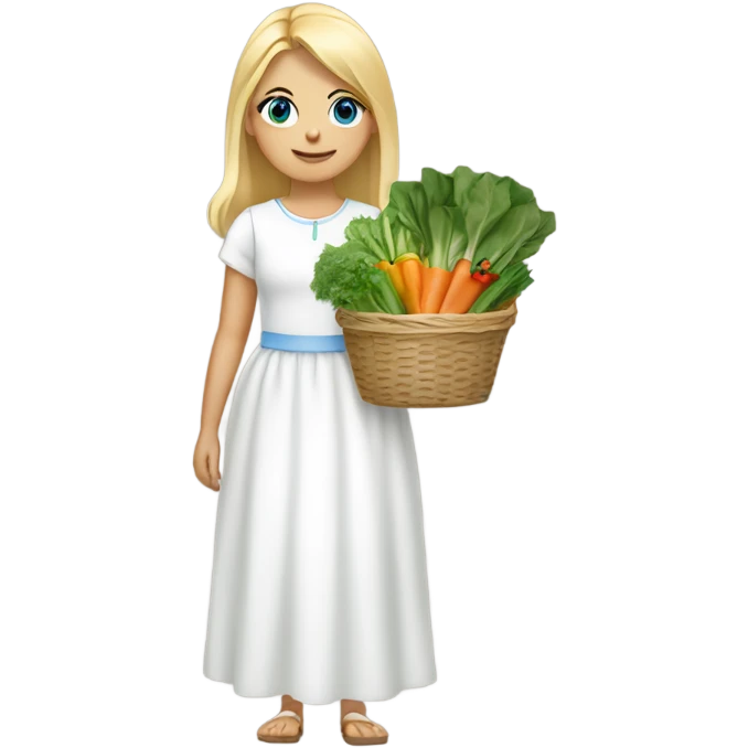 Girl with blonde hair and blue eyes wearing a white dress carrying baskets of vegetables and greens emoji