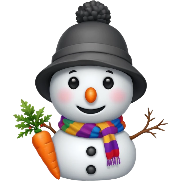 A snowman wearing a colorful scarf and a tiny bucket hat. emoji