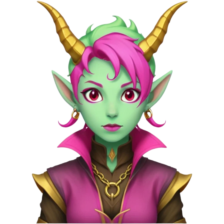 A D&D tiefling with pale green skin and hot pink hair. She is a rouge and is obsessed with gold emoji
