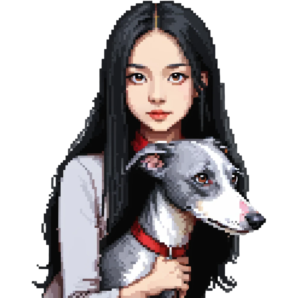 Slim Chinese girl with long black hair and her completely solid grey Italian greyhound in a cozy home setting with a fireplace, no white markings on the dog emoji