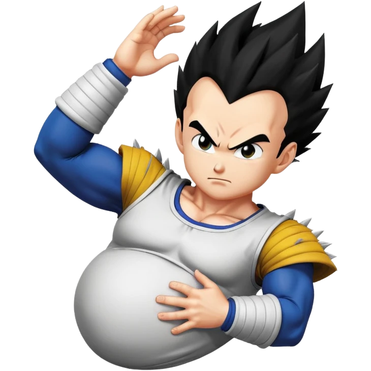 Pregnant Vegeta from Dragon Ball Z facing left with hands on his large belly, spiky black hair, serious expression emoji