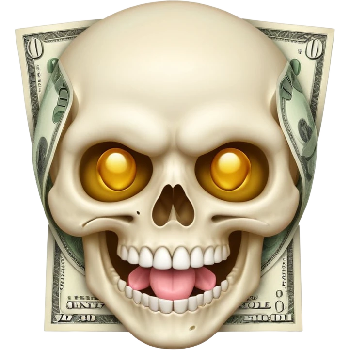 exaggerated White Skull Emoji Face with Tongue and Money emoji