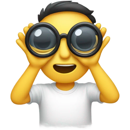 An emoji face making a 'glasses' gesture by forming circles with both hands and placing them around the eyes, resembling binoculars or playful glasses emoji