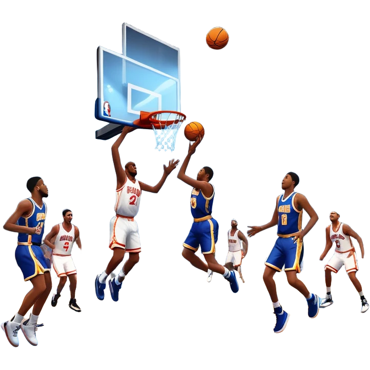 An icon featuring a basketball court with players in action, inspired by NBA 2K25. A player jumps for a dunk, with the ball mid-air. Bright lights illuminate the court, symbolizing the excitement of sports simulation games. Transparent background emphasizes the energy. emoji