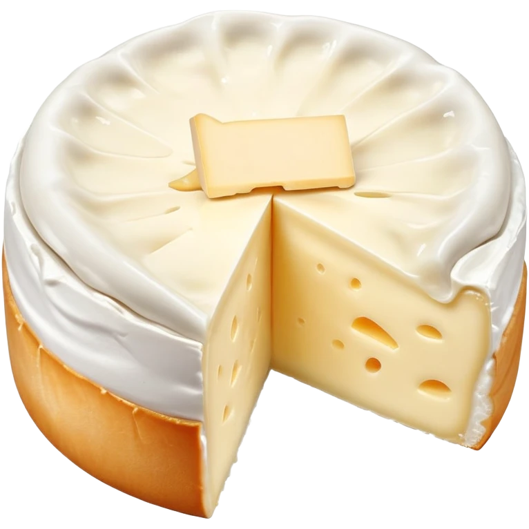 cinematic-realistic-brie-cheese-emoji,-featuring-a-creamy gooey center,-soft-ripened-cheese-with-a-delicate white rind-rendered-with-lifelike-detail-and-inviting,-natural-lightingwith a slide showing the gooey center emoji